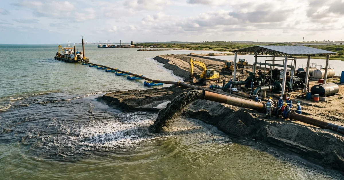Processo de aterro hidrÃ¡ulico com bombeamento de areia em obra de terraplanagem