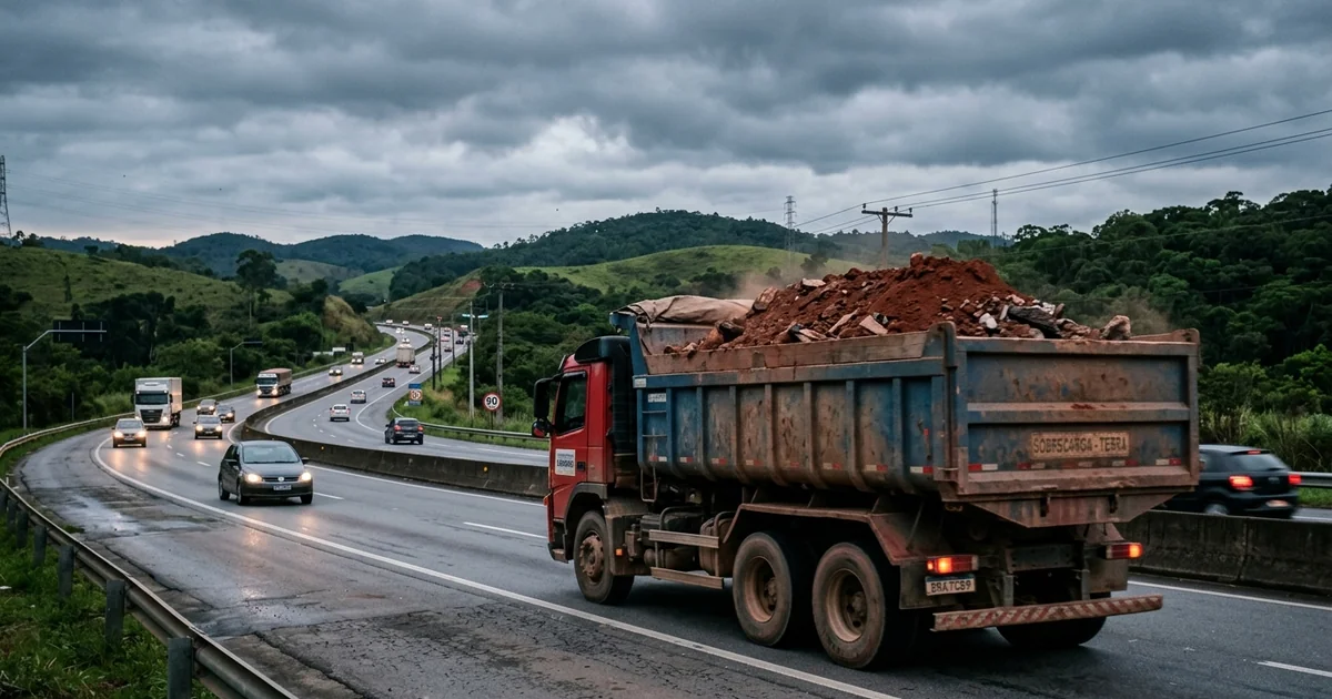 CaminhÃ£o caÃ§amba com CTR (Controle de Transporte de ResÃ­duos) em obra de terraplanagem em Guararema-SP