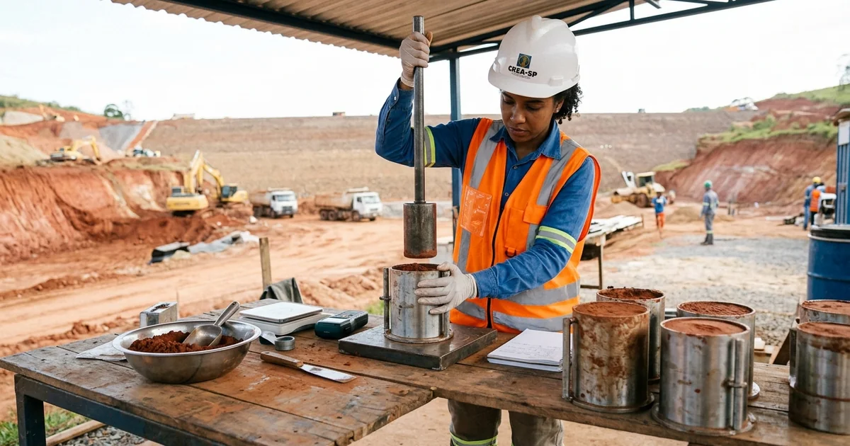 Cilindro de ensaio Proctor com soquete e curva de compactaÃ§Ã£o em laboratÃ³rio geotÃ©cnico