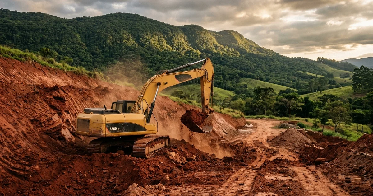 Retroescavadeira realizando terraplanagem em terreno residencial com tabela de preÃ§os ao fundo