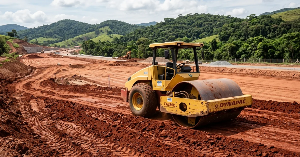 Rolo compactador liso vibratÃ³rio trabalhando em aterro de terraplanagem