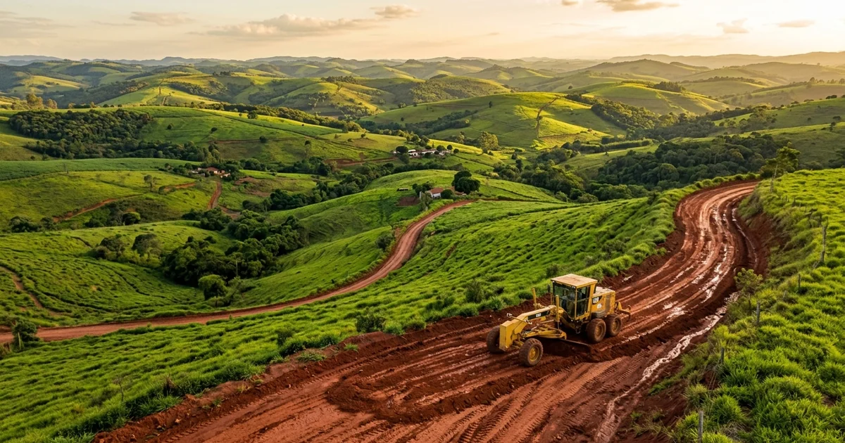 Motoniveladora trabalhando no greide de estrada rural em Ã¡rea do Vale do ParaÃ­ba
