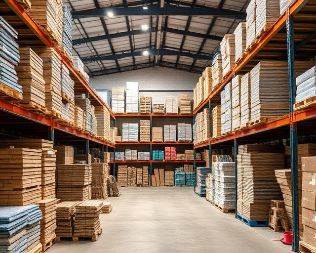 Depósito de materiais de construção: areia, pedra, cimento e tijolo